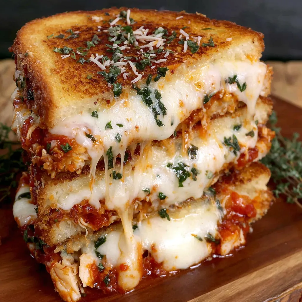 A stack of chicken Parmesan grilled cheese sandwiches.