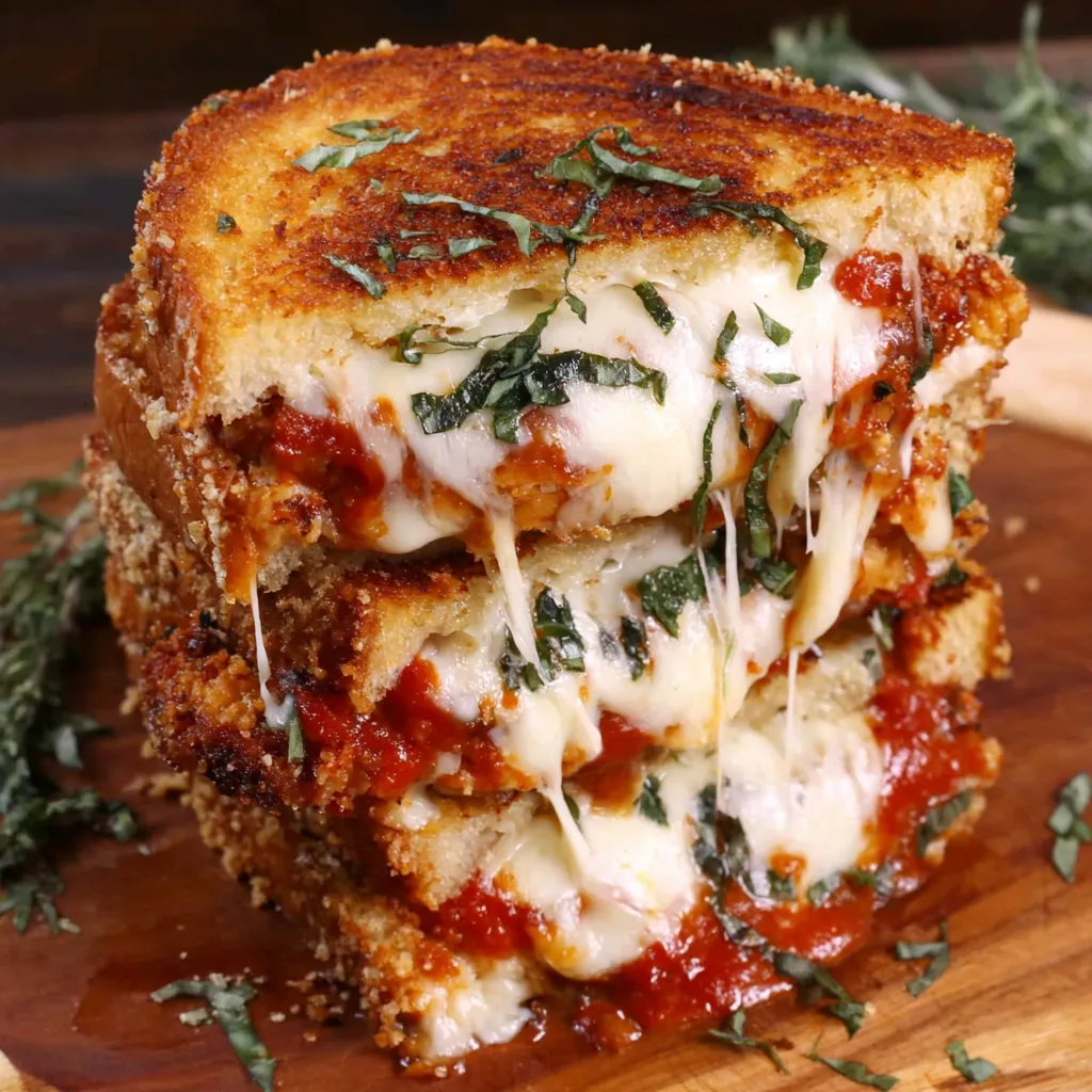 A stack of grilled cheese sandwiches with chicken Parmesan.