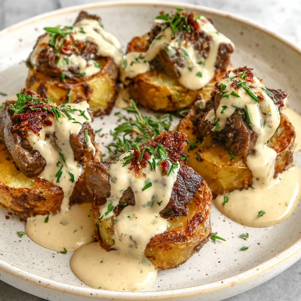 A plate of loaded baked potato steak bites.