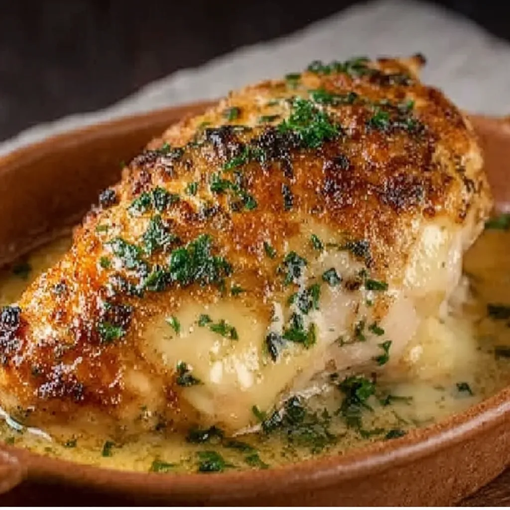A piece of chicken in a bowl with sauce.