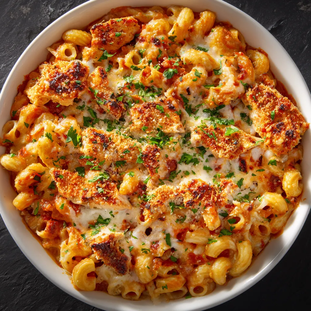 A plate of chicken Parmesan mac and cheese.