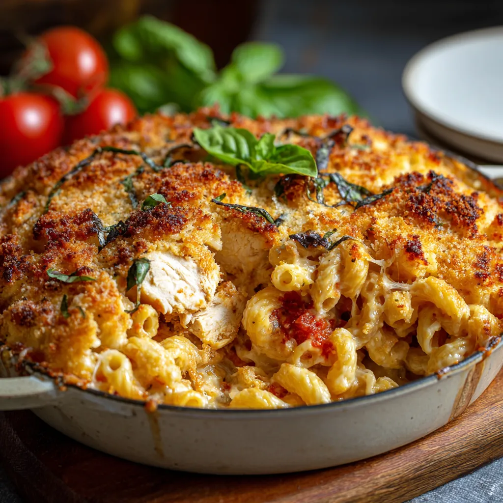 A dish of chicken parmesan mac and cheese.