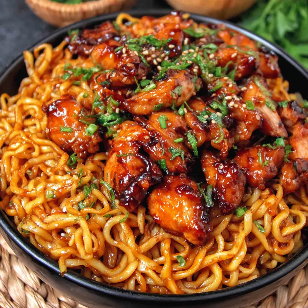 A bowl of noodles with chicken and sauce.