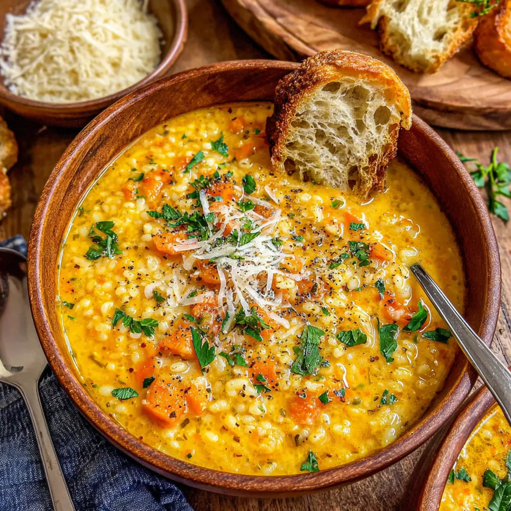 A bowl of Italian Penicillin Soup with a spoon in it.