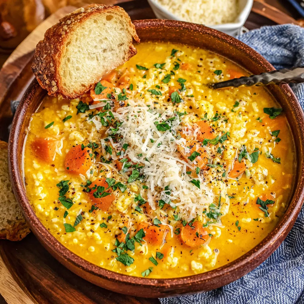 A bowl of Italian Penicillin Soup with a slice of bread on top.