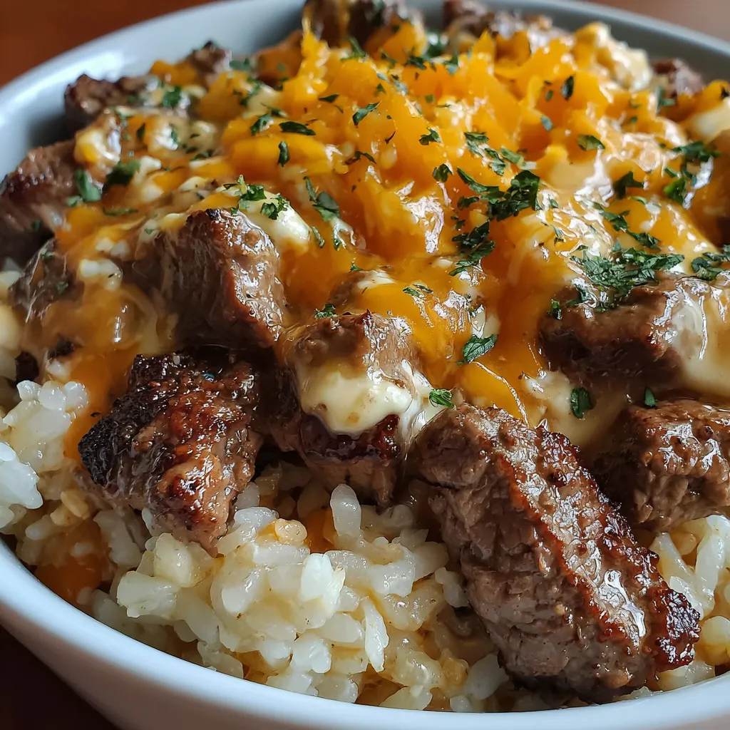 A bowl of beef and rice with cheese and butter.