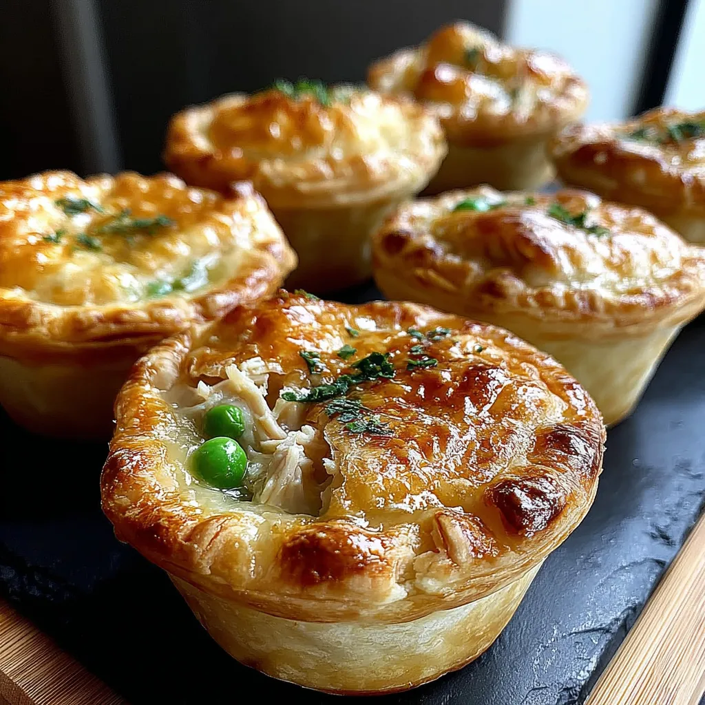 Four mini chicken pot pies on a table.