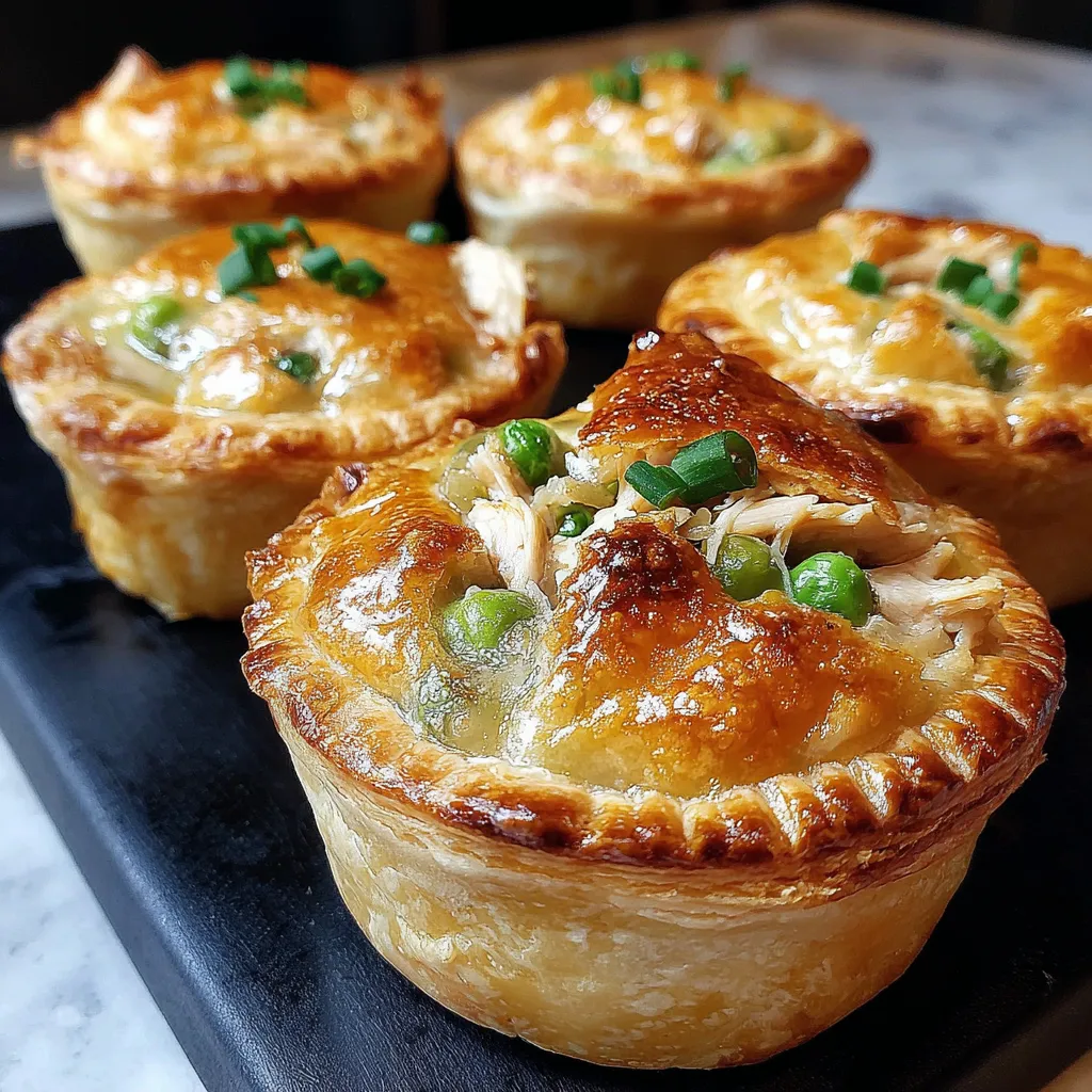 Four mini chicken pot pies on a black tray.