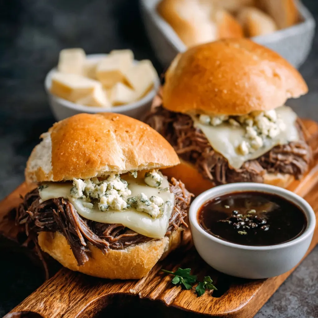 Two crock pot French dip sandwiches with blue cheese and meat.