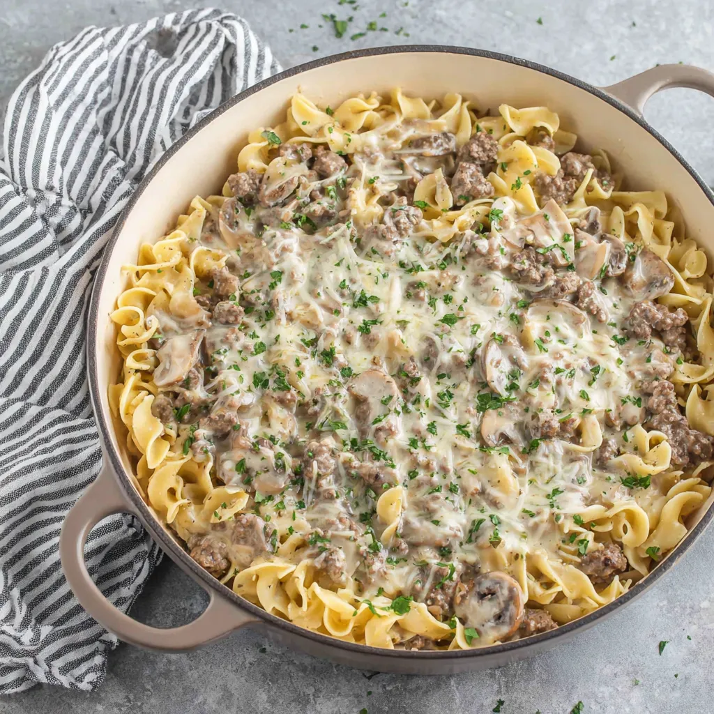 A bowl of ground beef stroganoff.