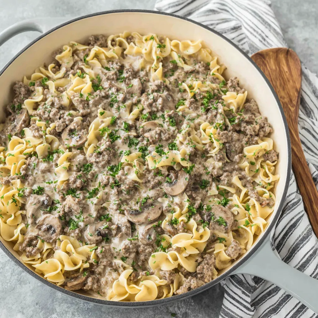 A pot of ground beef stroganoff.
