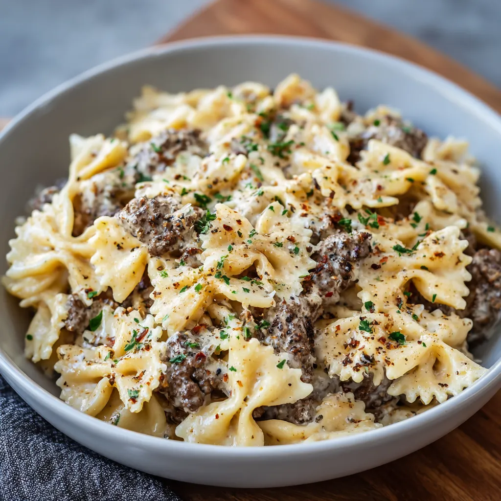 A bowl of creamy Parmesan garlic beef bowtie pasta.