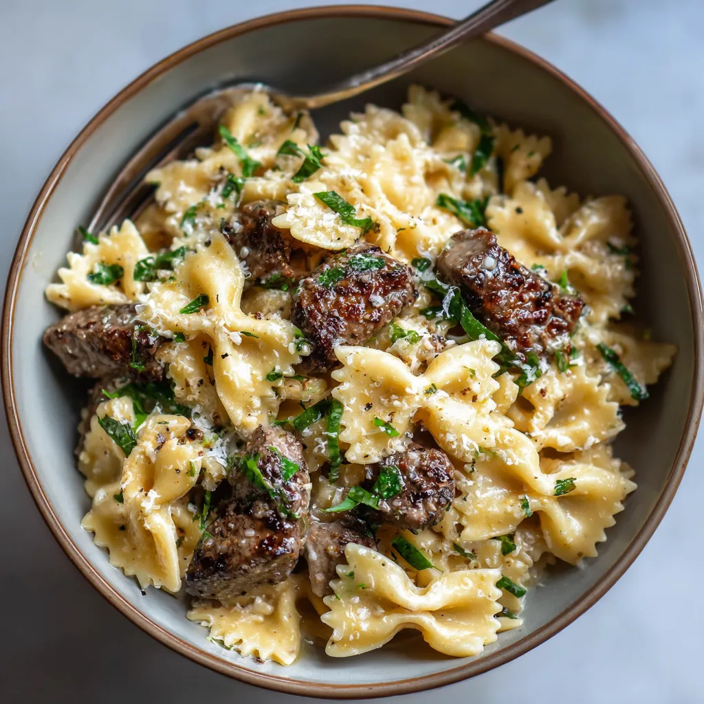 A bowl of creamy Parmesan garlic beef bowtie pasta.