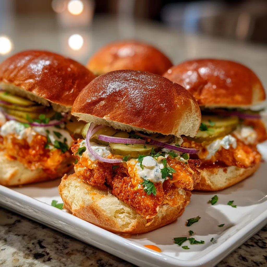 Four sliders with chicken and cheese on a plate.