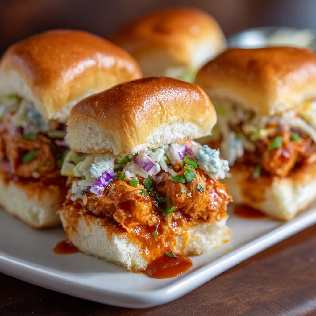 Three sliders with sauce on a plate.