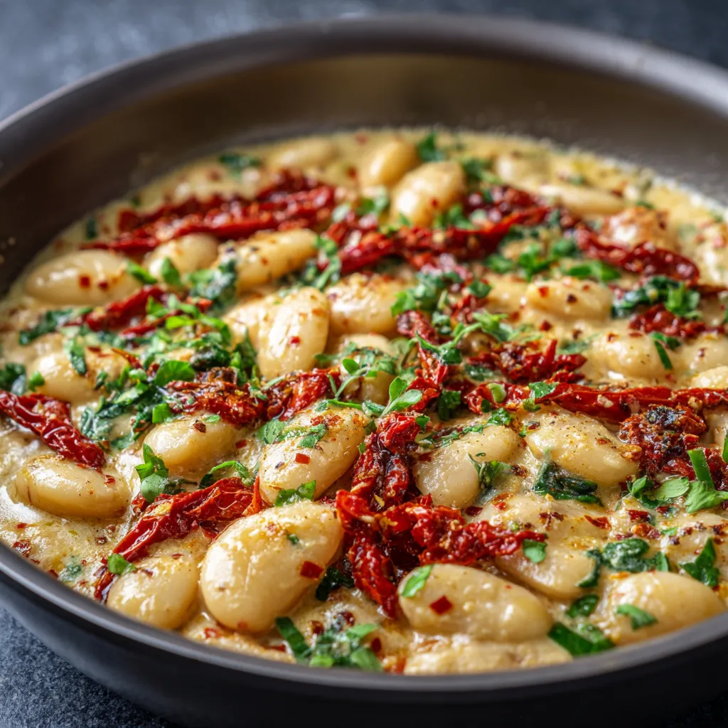 A bowl of creamy tuscan marry me butter beans.