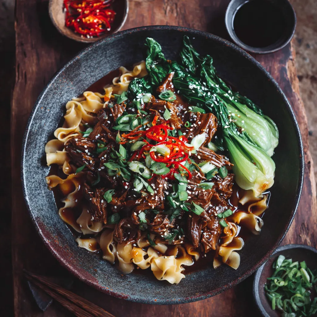 A bowl of beef noodles with vegetables.