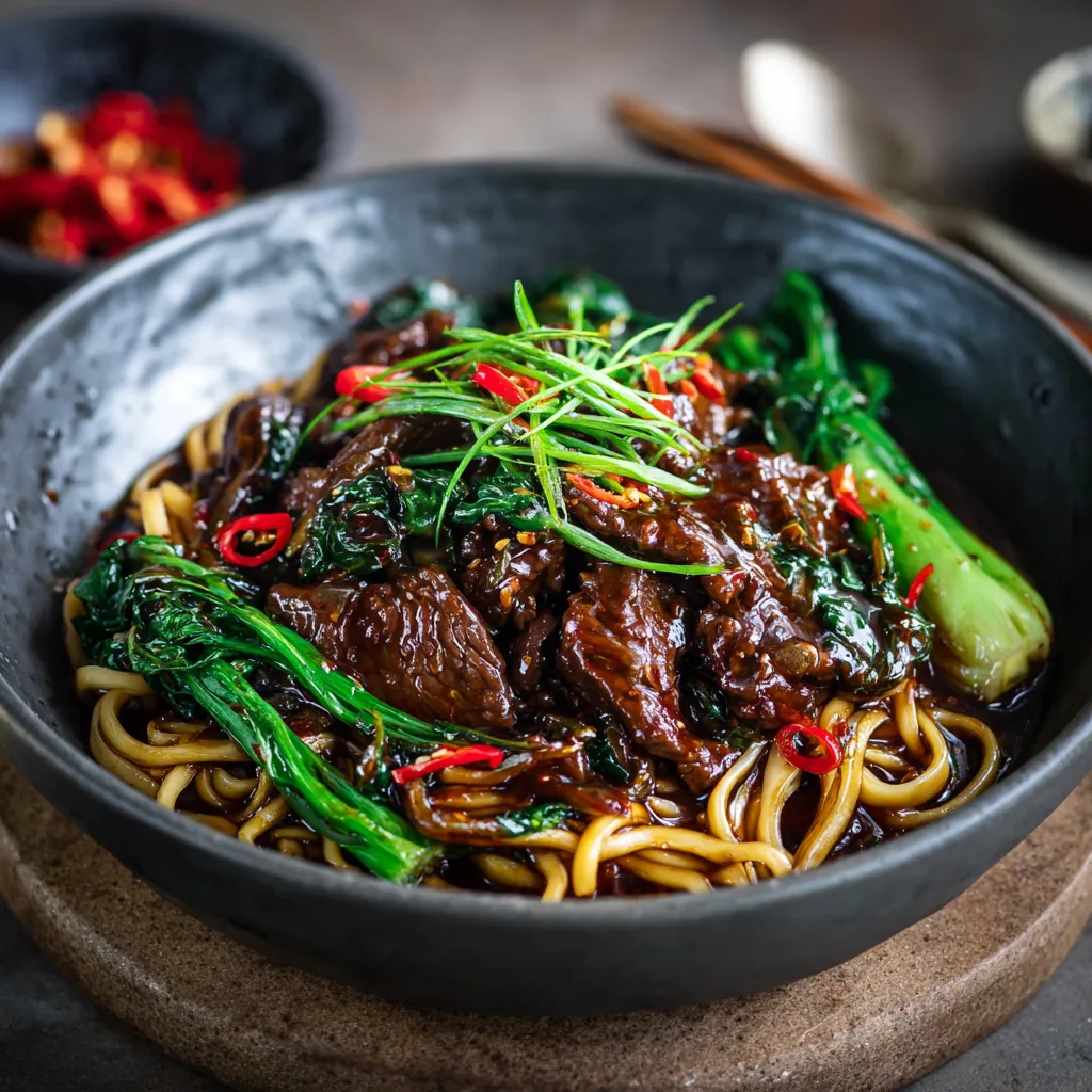 A bowl of beef noodles with green vegetables.