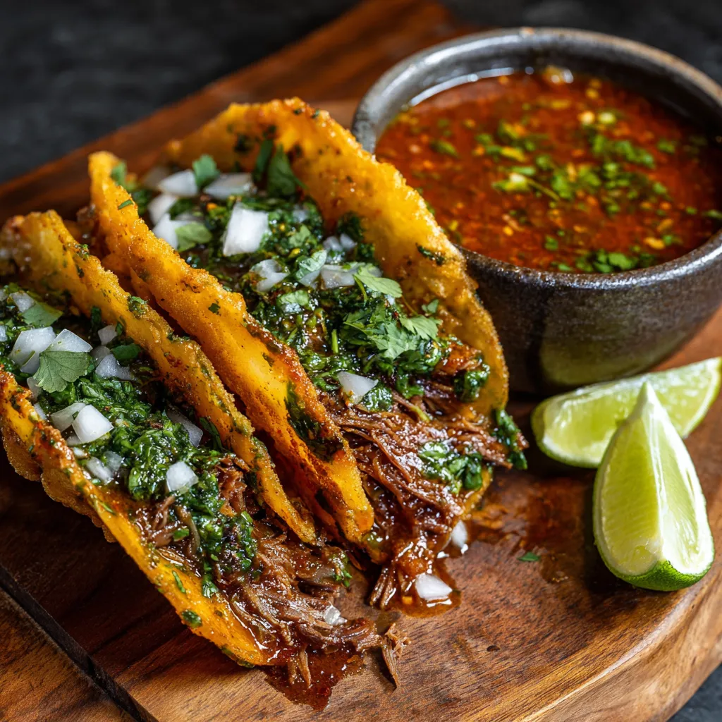 Two tacos with meat and onions on a wooden platter.