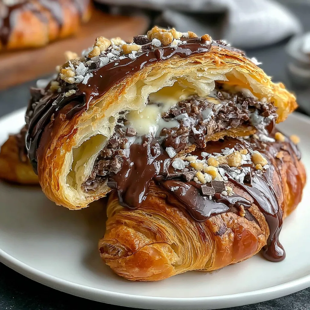 A chocolate croissant with chocolate drizzled on top.