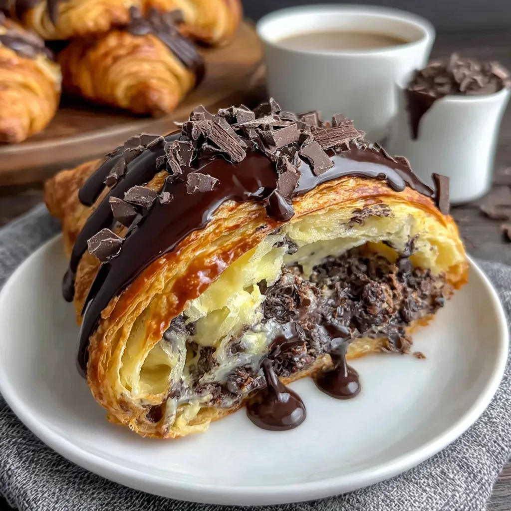 A chocolate croissant on a plate.