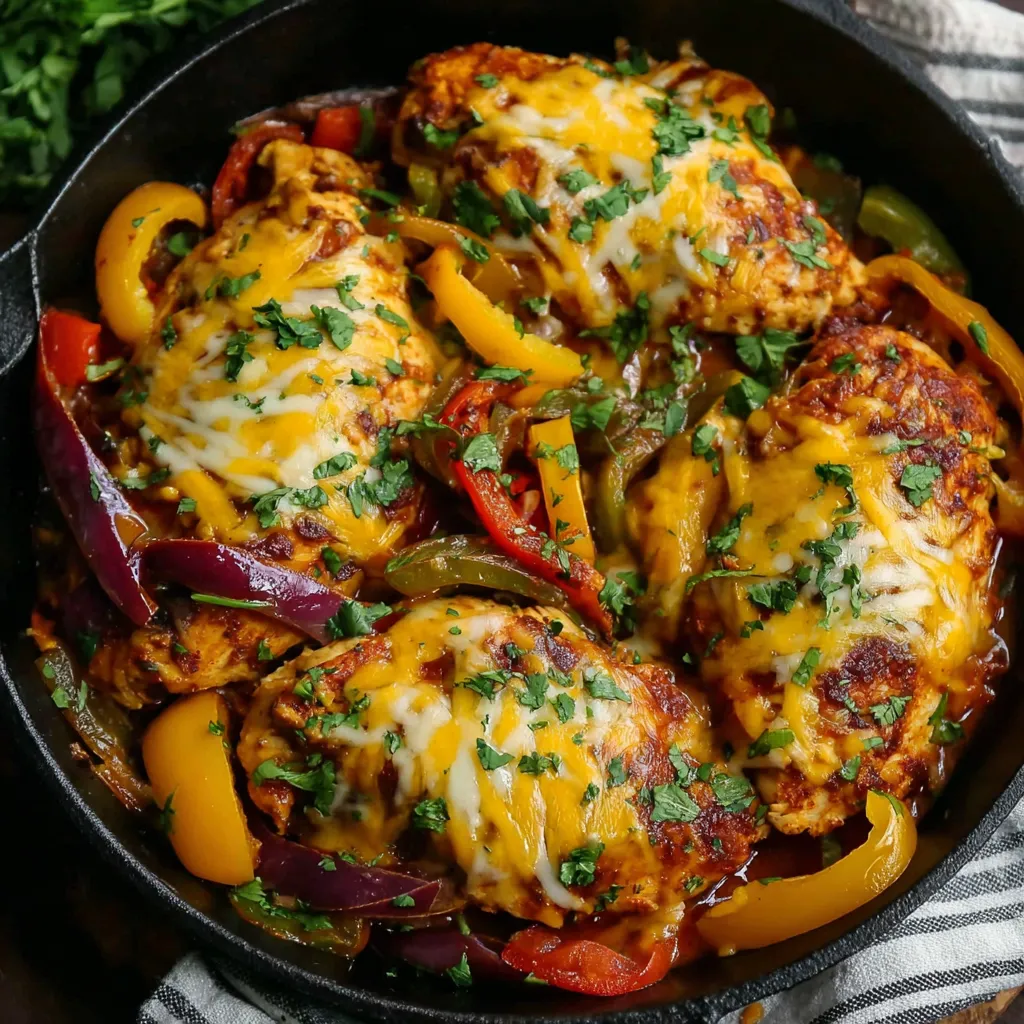 A skillet filled with cheesy baja chicken and bell peppers.