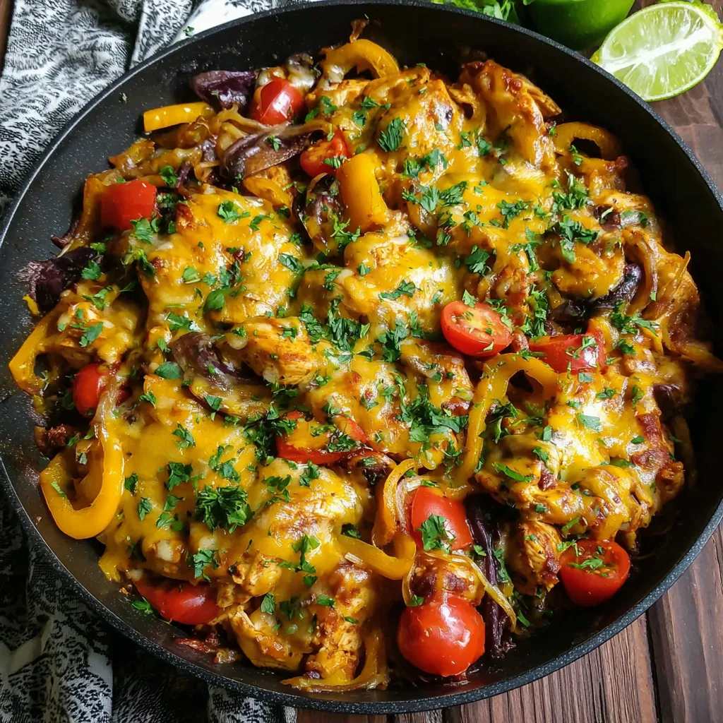 A skillet of cheesy baja chicken and bell peppers.