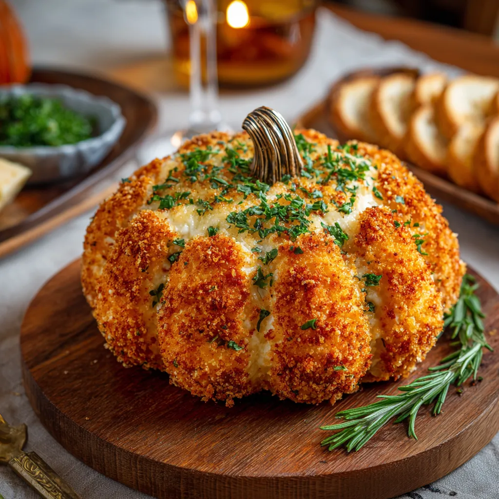 A pumpkin shaped cheese ball with a ring on top.