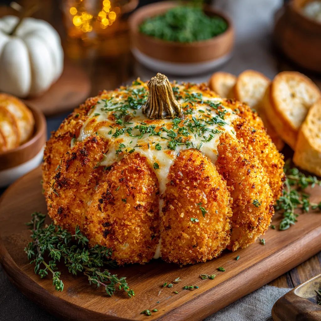 A pumpkin shaped cheese ball with bread and herbs.