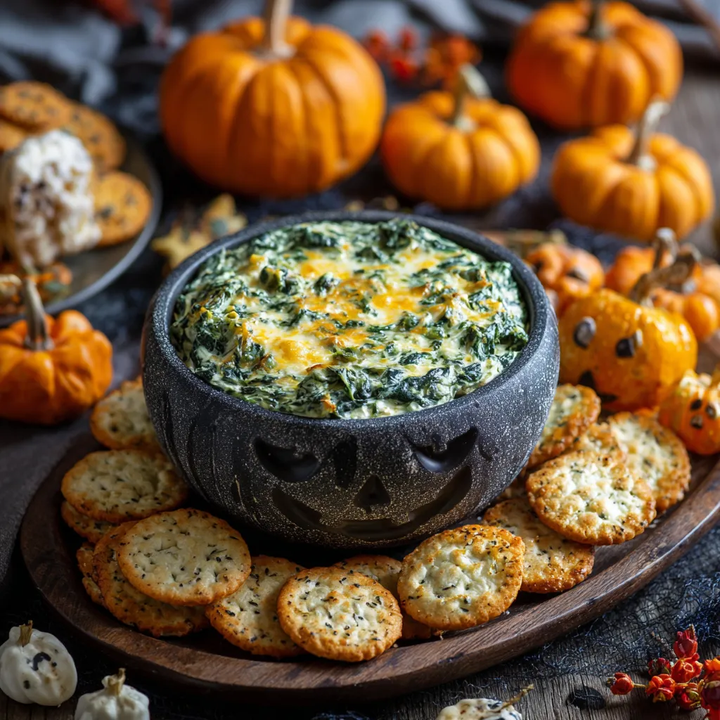 A bowl of spinach dip with a spooky Halloween graveyard theme.