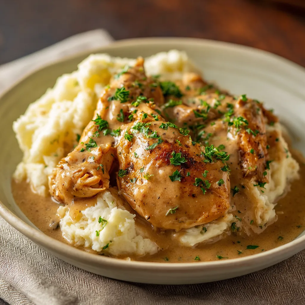 A plate of chicken and potatoes.