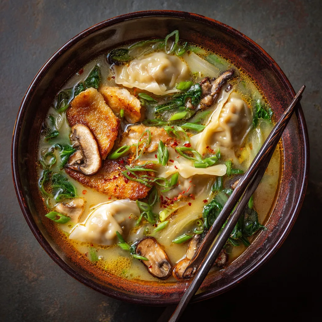 A bowl of soup with mushrooms and noodles.
