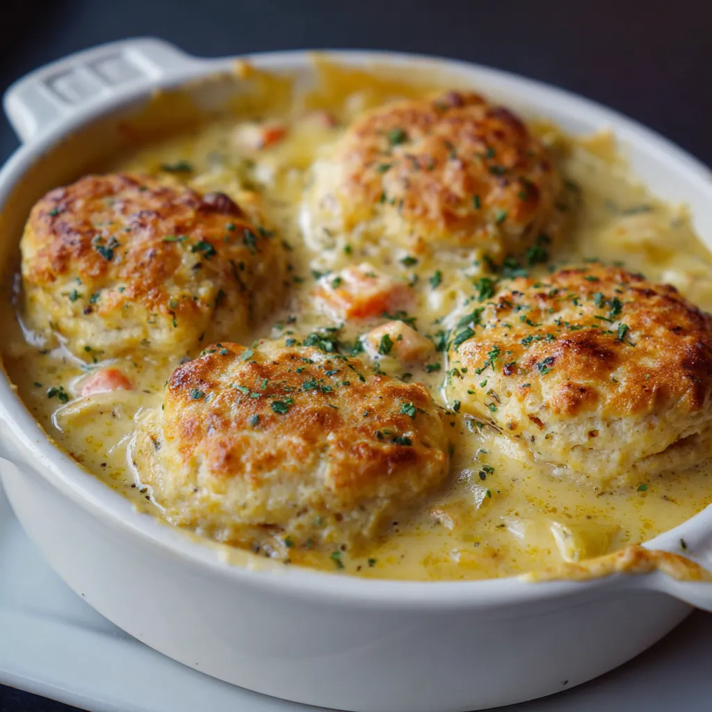 A bowl of biscuits and chicken.