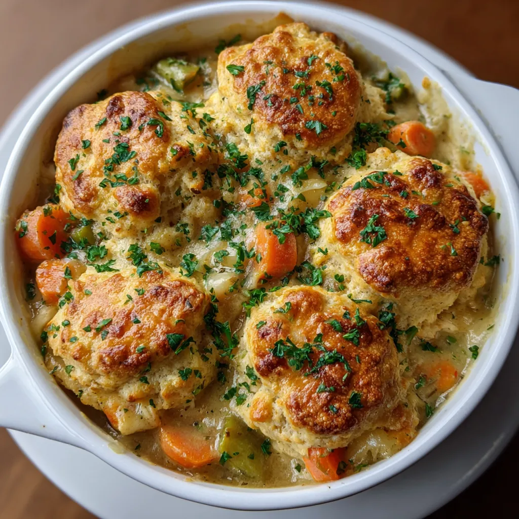 A bowl of biscuits and chicken pot pie.