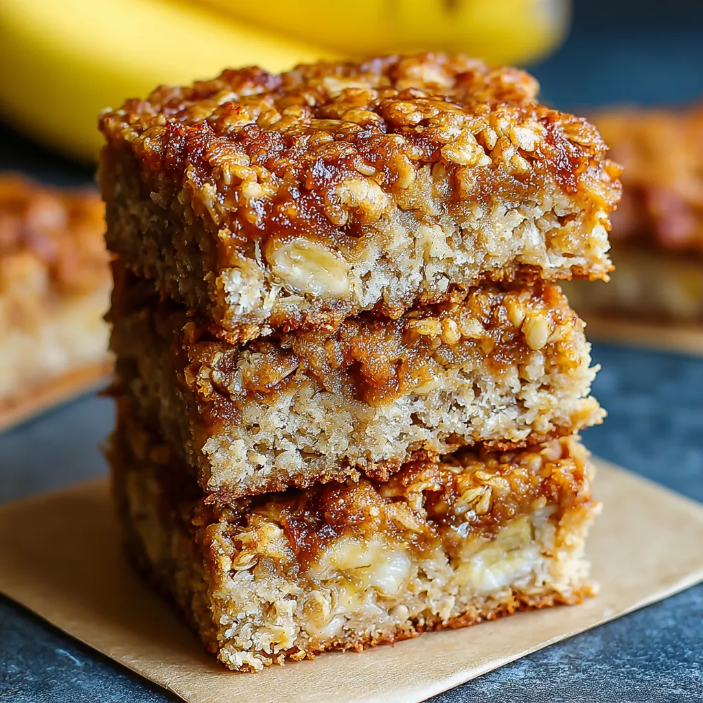 Three stacked bars of banana oatmeal.