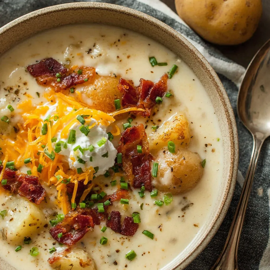 A bowl of soup with bacon and potatoes.