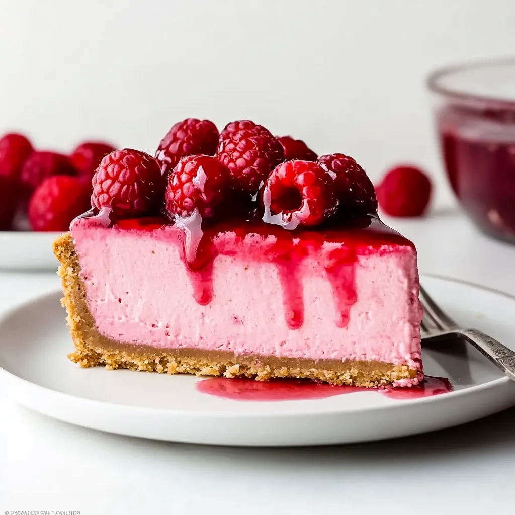 A slice of pink dessert with raspberries on top.