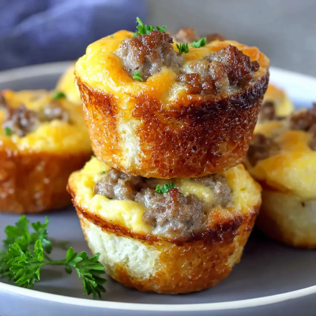 Three muffins with meat and cheese on a plate.