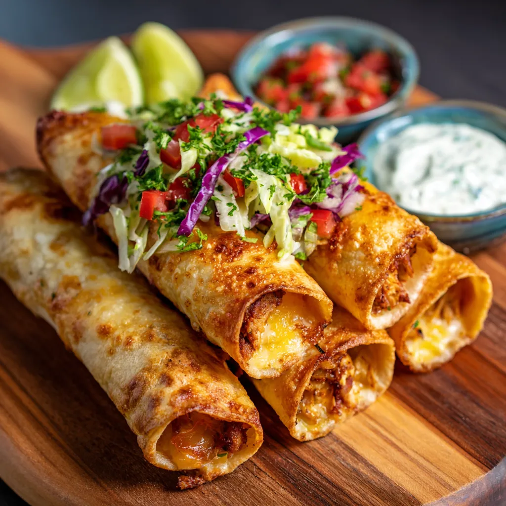 Crispy chicken taquitos with tomatoes and sour cream.