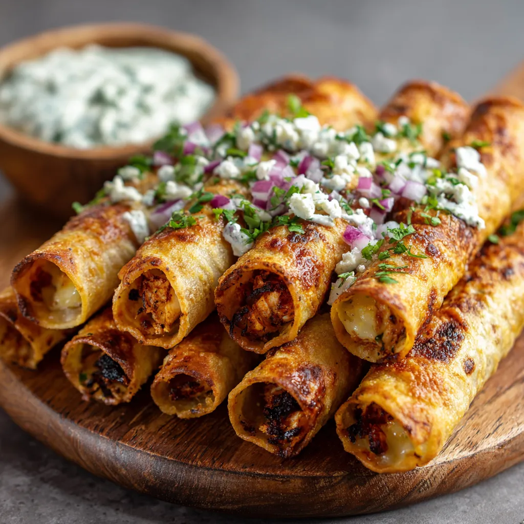Crispy chicken taquitos with blue cheese and onions.