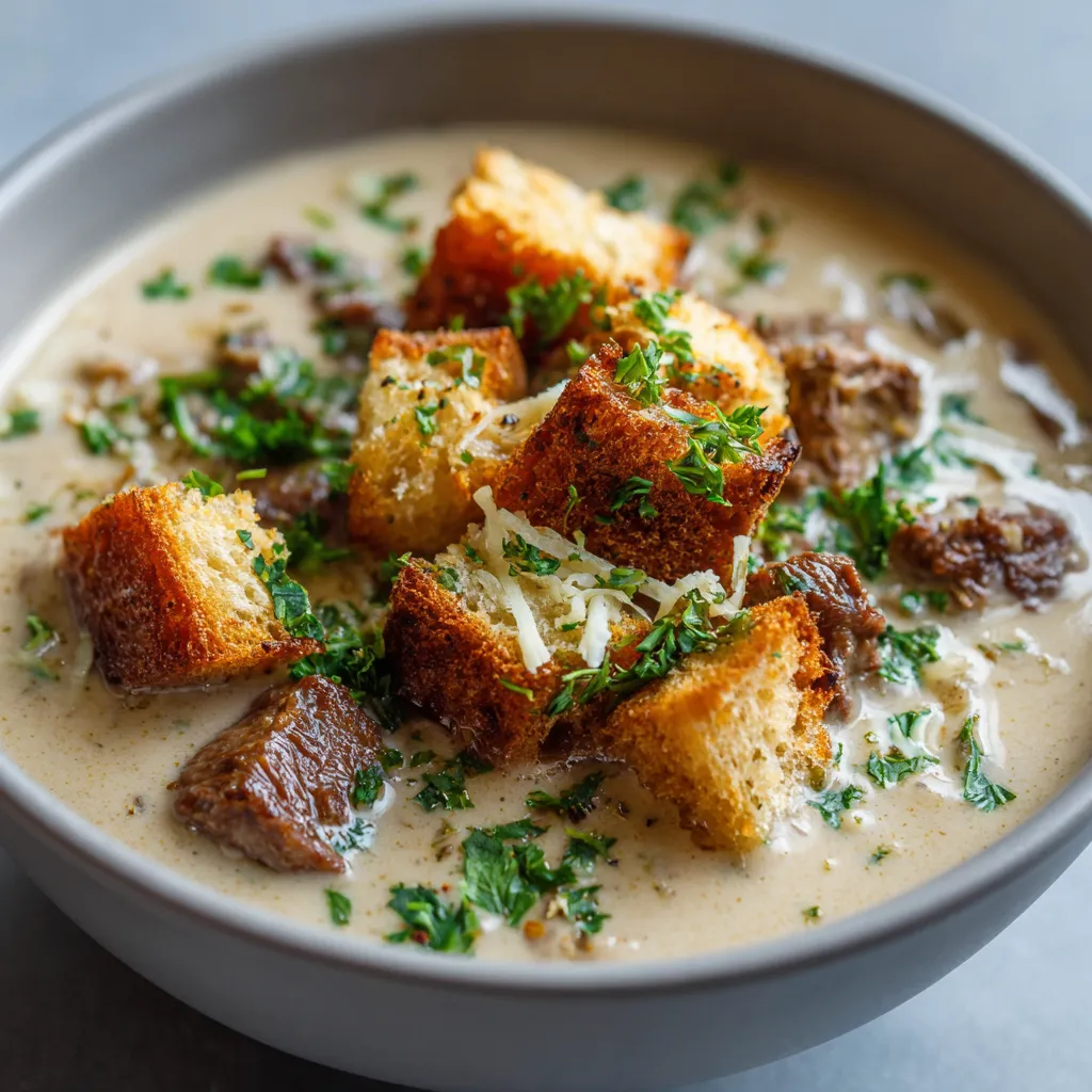 A bowl of creamy steak and potato soup with toast.
