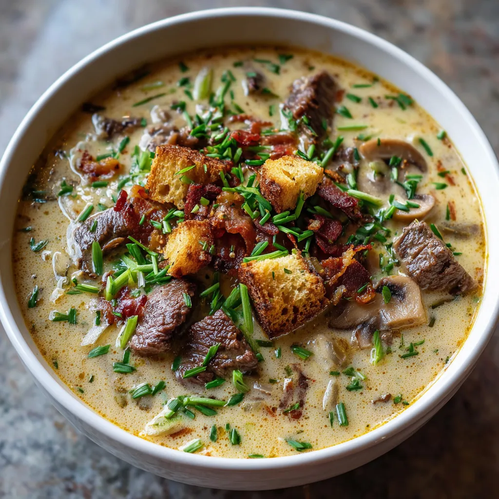A bowl of creamy steak and potato soup.