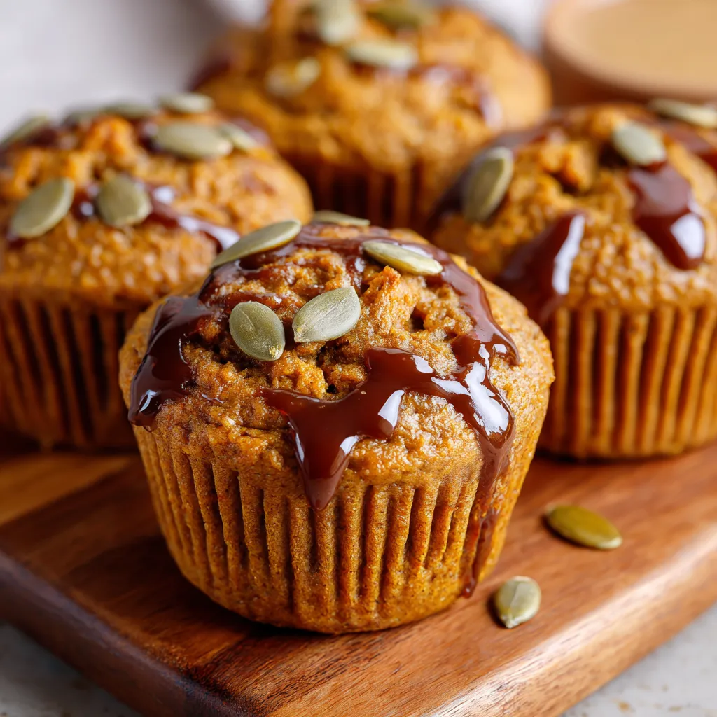 A plate of muffins with chocolate drizzle.