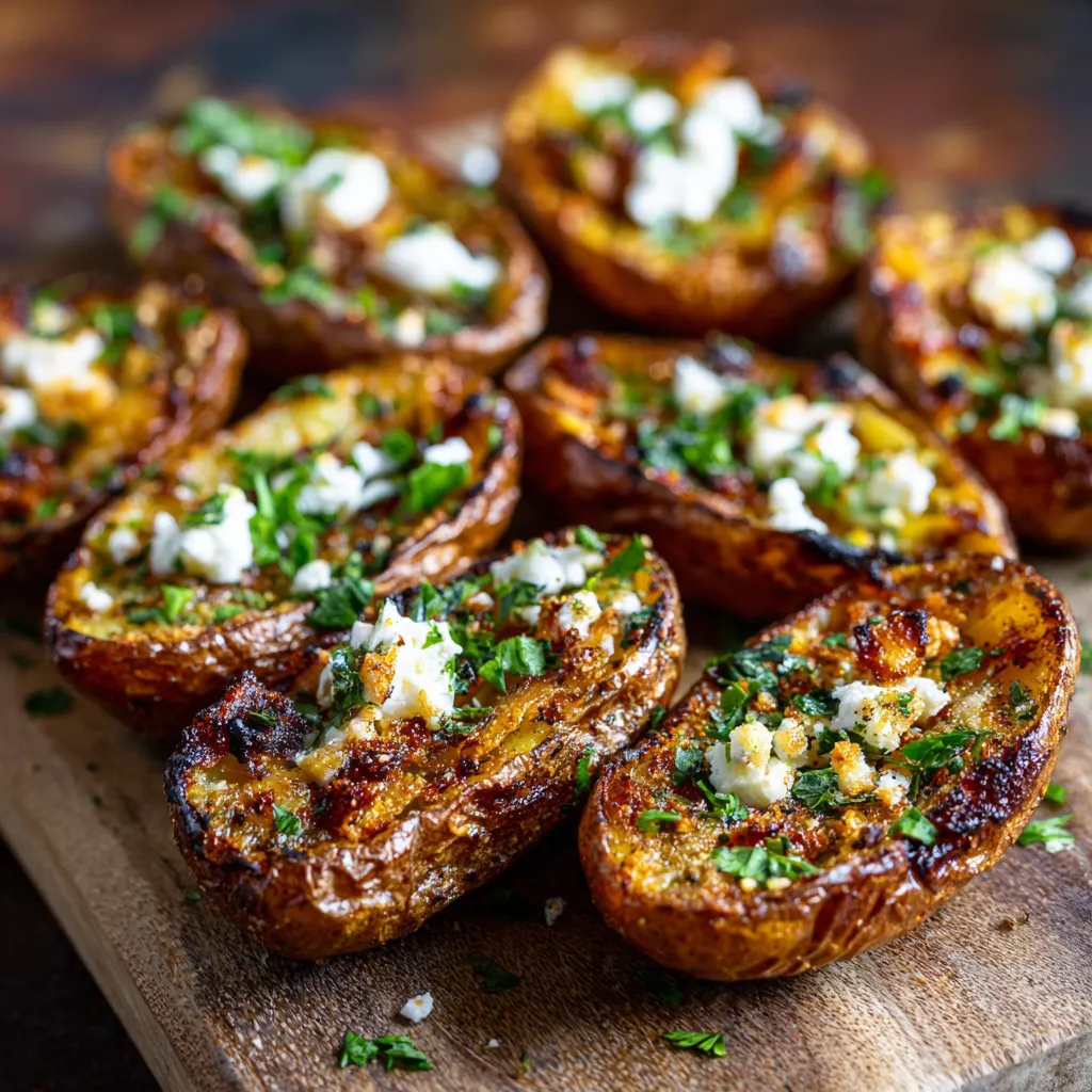 A wooden cutting board with a variety of roasted potatoes.