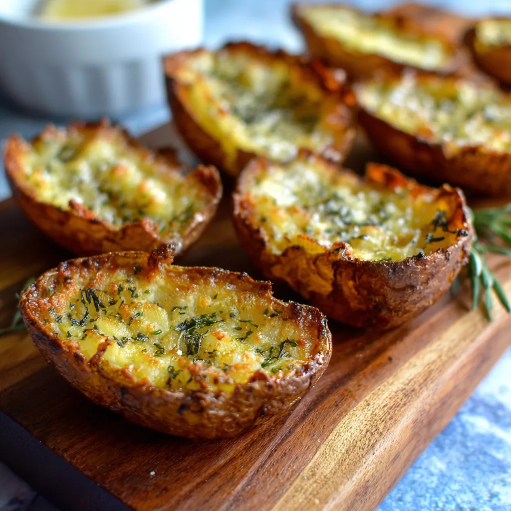Crispy garlic herb roasted potato skins.