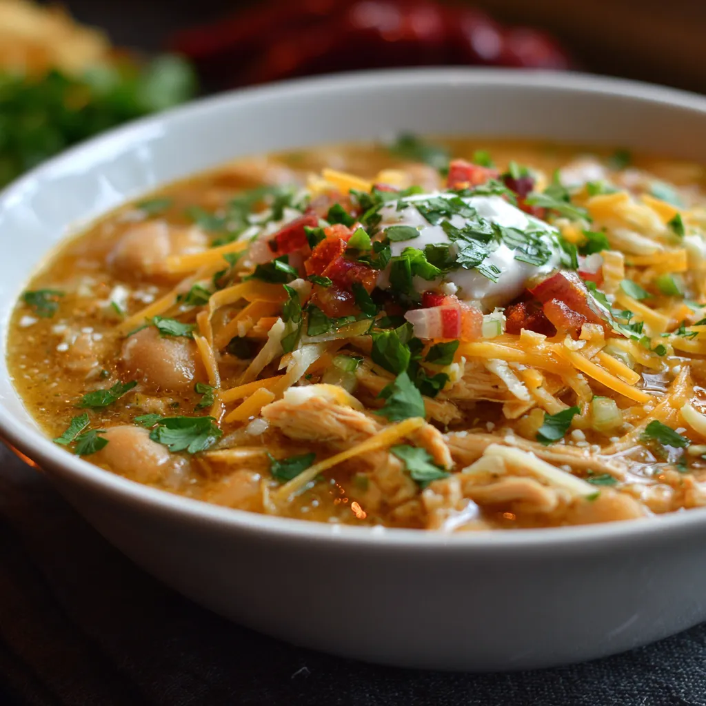 A bowl of chili with chicken, tomatoes, and cheese.