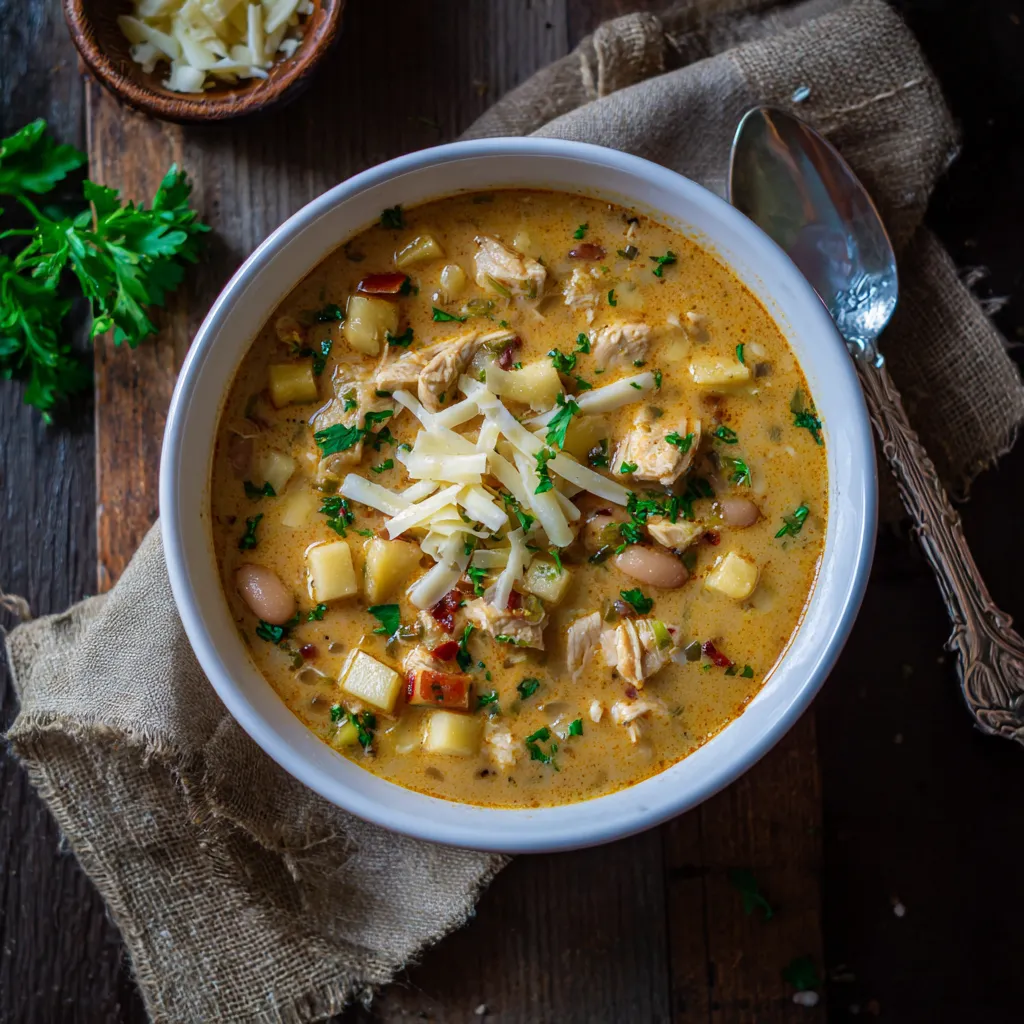 A bowl of chicken chili with white cheddar cheese and apple chunks.