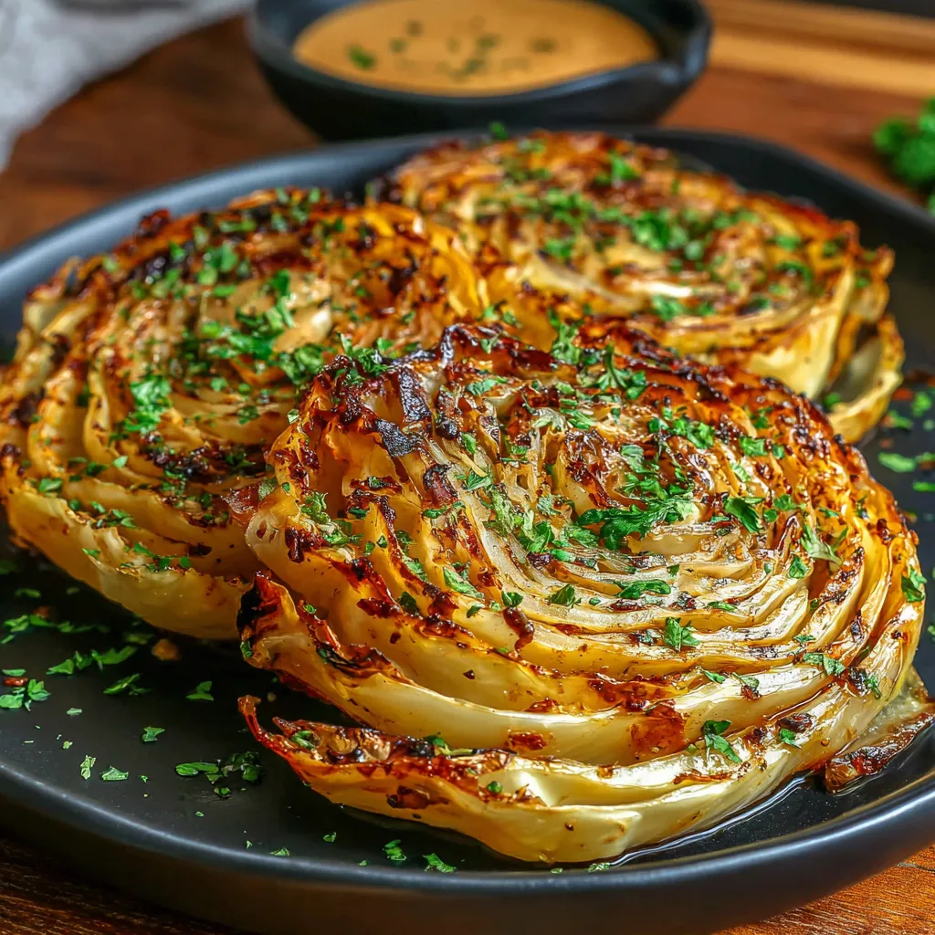 Two pieces of oven roasted garlic cabbage steaks.