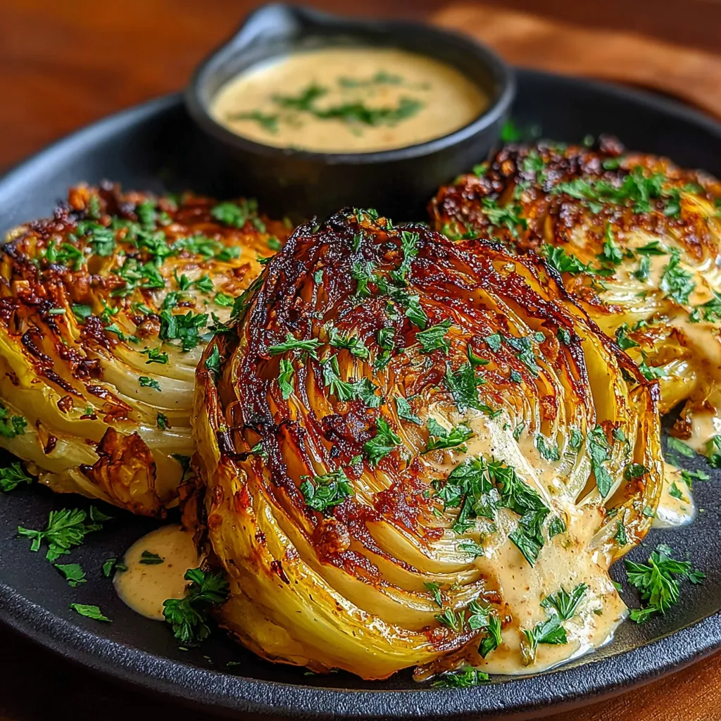 A plate of oven roasted garlic cabbage steaks.