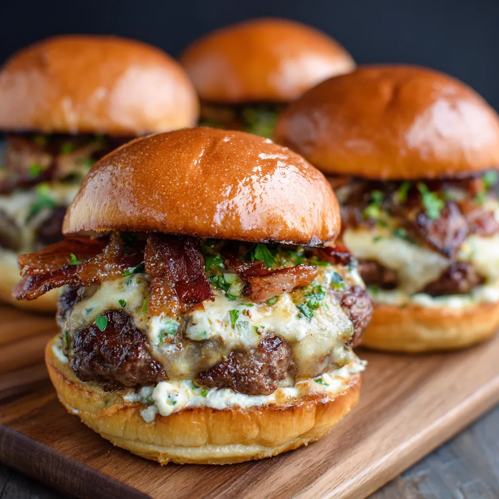 Four beef burgers with bacon and garlic butter.